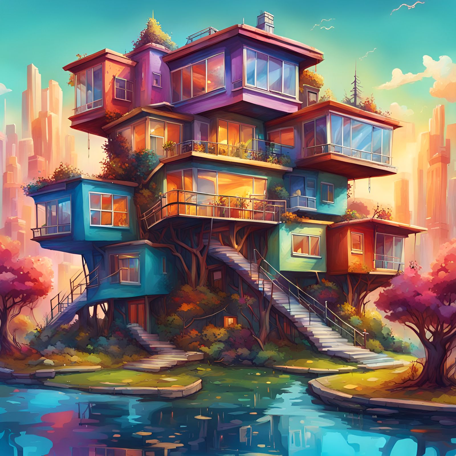 Colorful crazy-stacked house