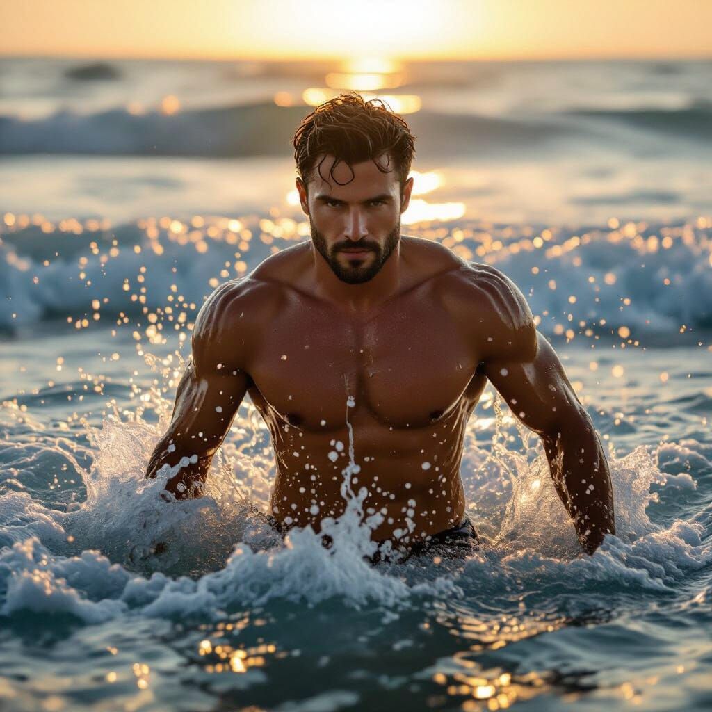 Toned Man Emerging From Ocean At Golden Hour