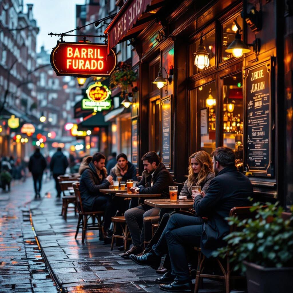 Photorealistic Bar Scene with Neon Lights and Patrons