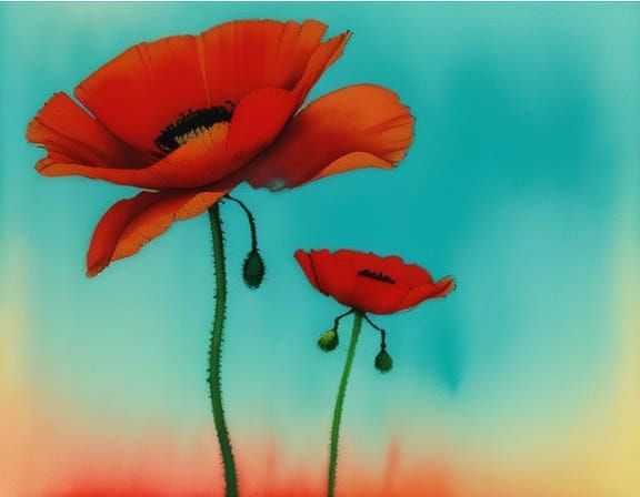 Vase of Red Poppies in Turquoise and Red