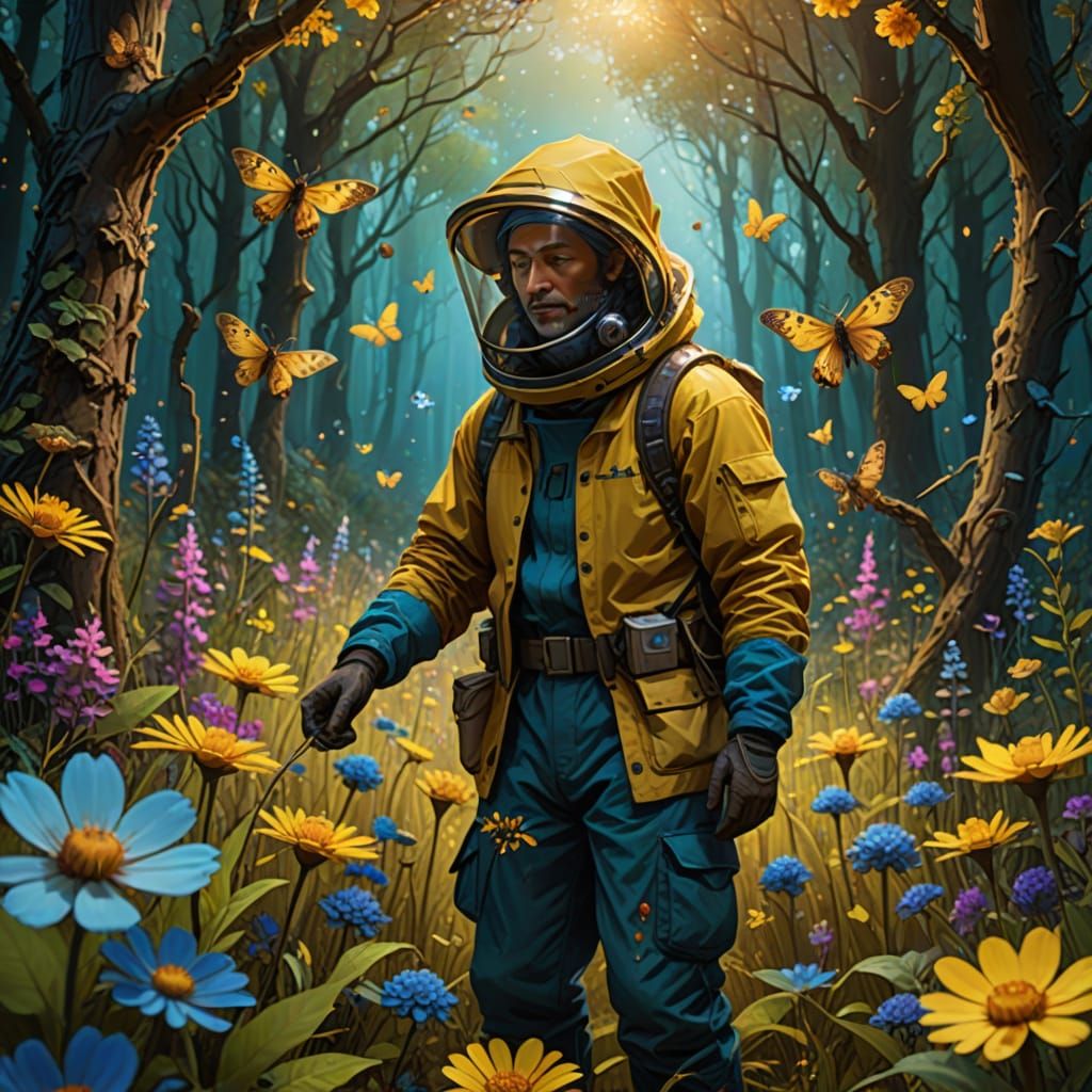 Whimsical Beekeeper in a Vibrant Fantasy Forest