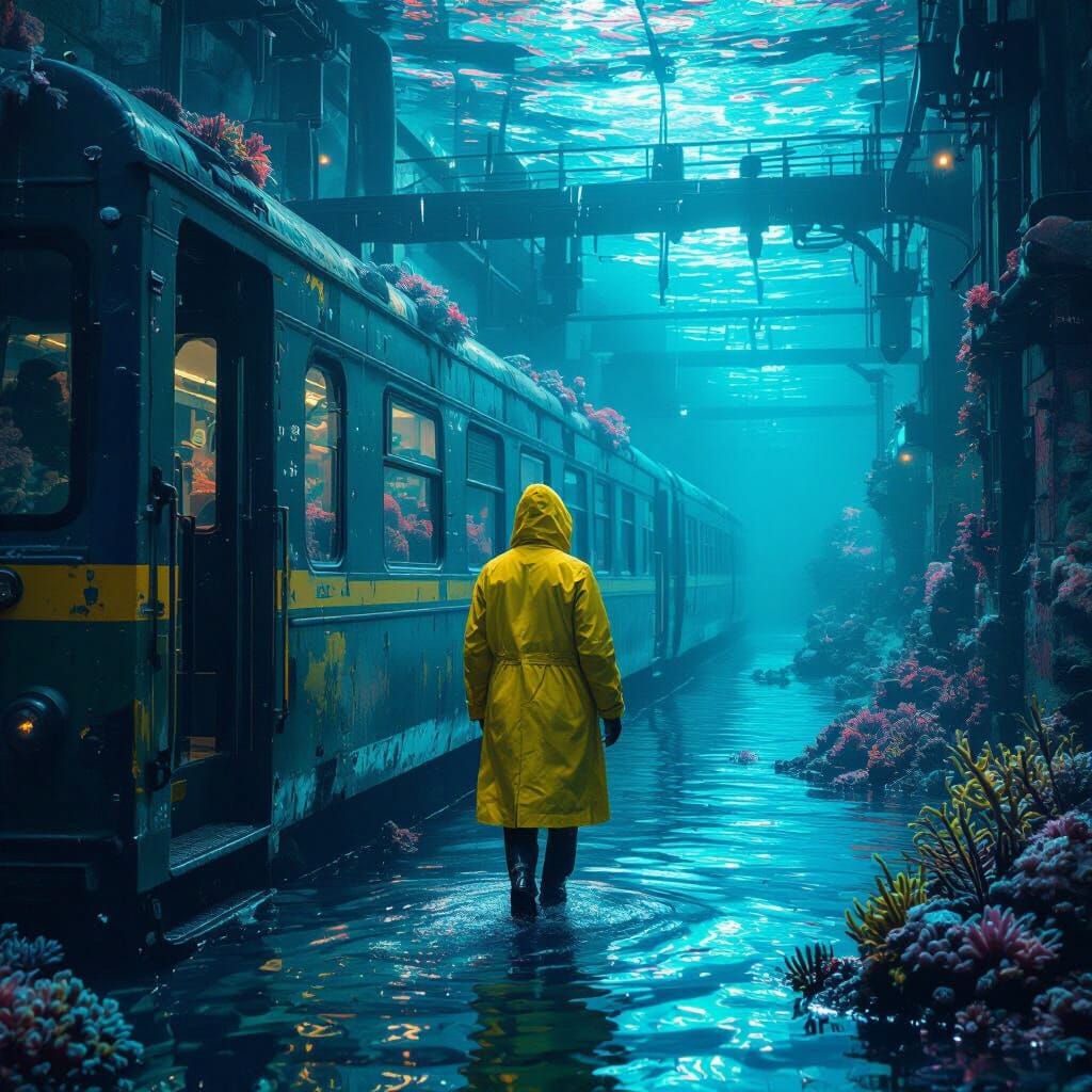 Underwater Factory Scene in Surrealist Style