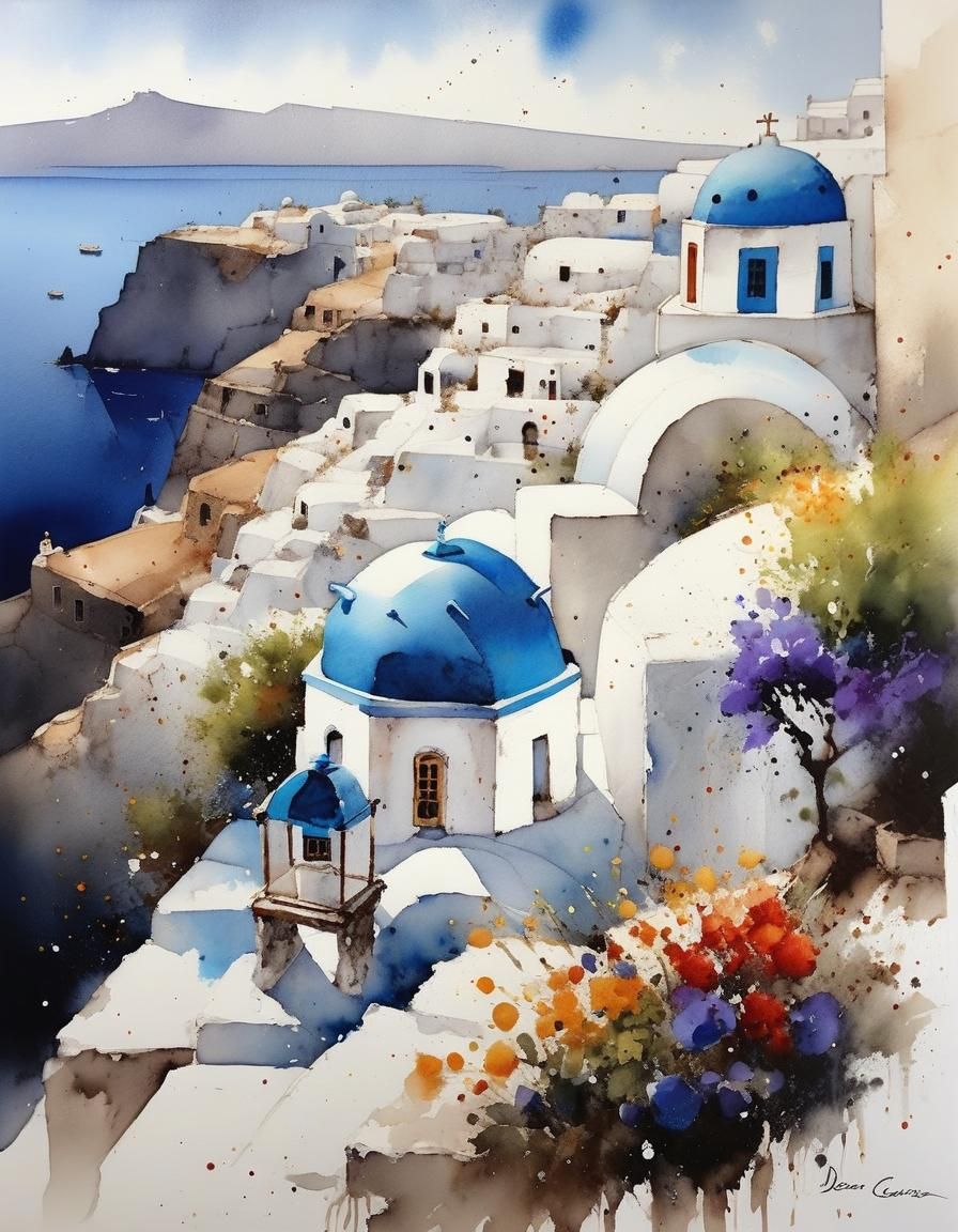 Santorini Painting in Watercolor Style