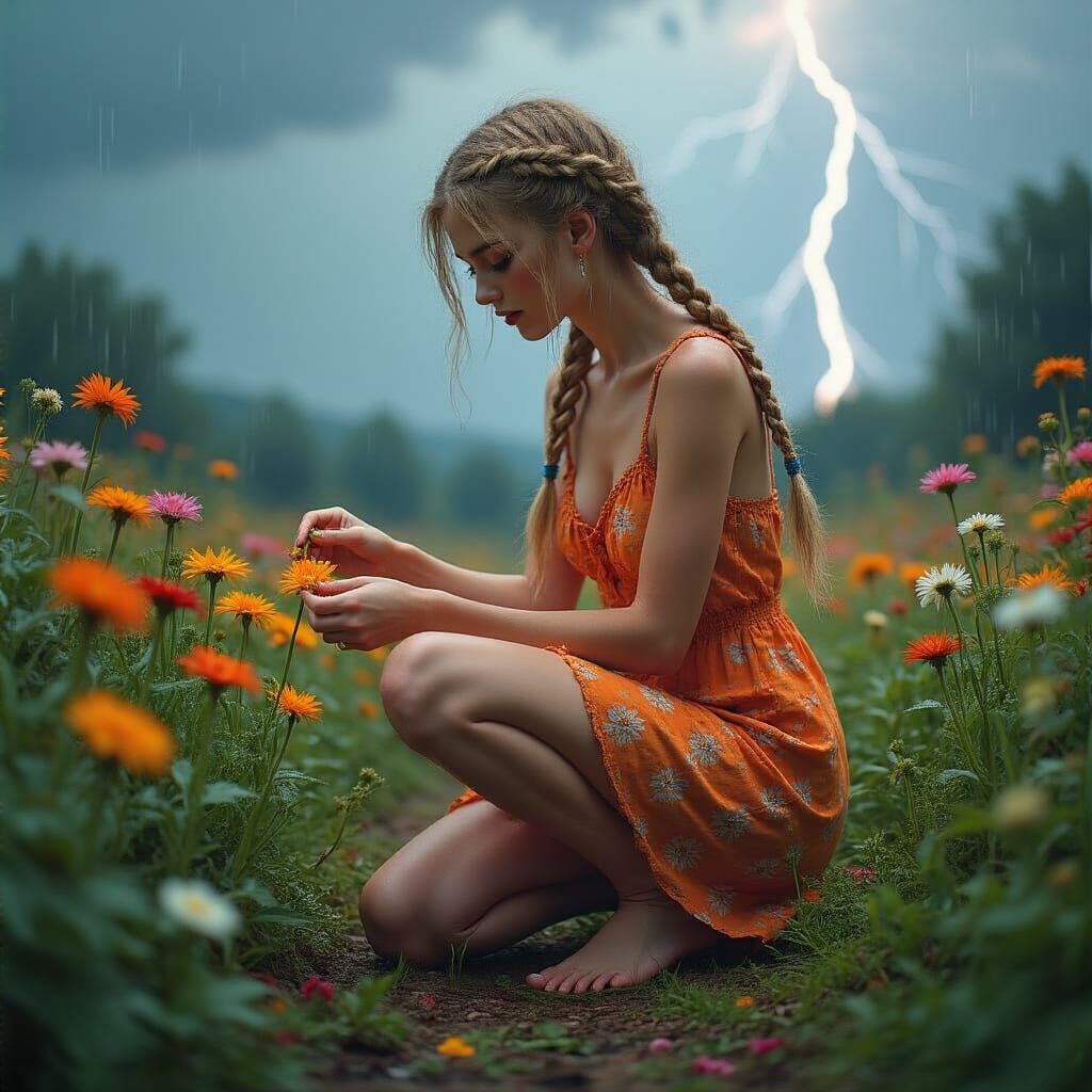 Woman Picking Flowers as Storm Approaches: Hyperrealistic Lo...