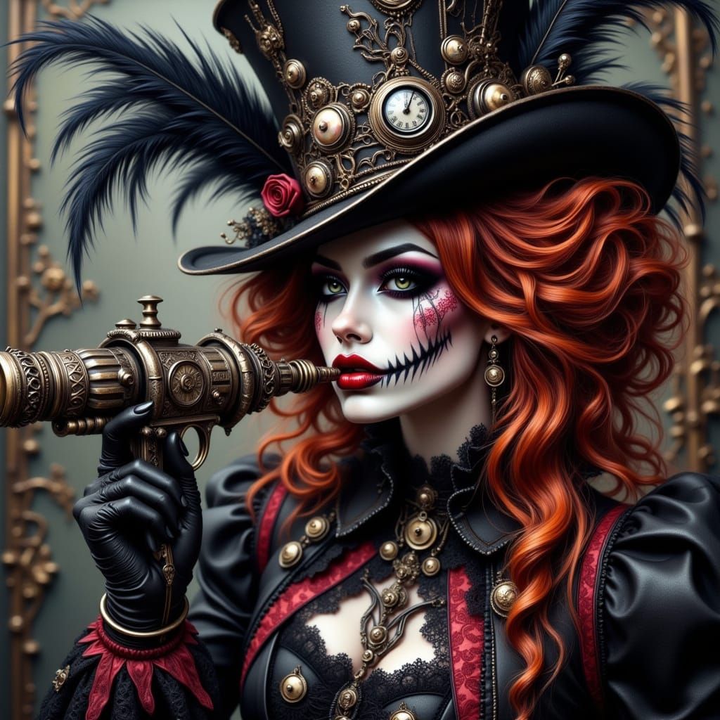 Gothic Mad Hatter in a Mismatched, Tattered Leather Dress