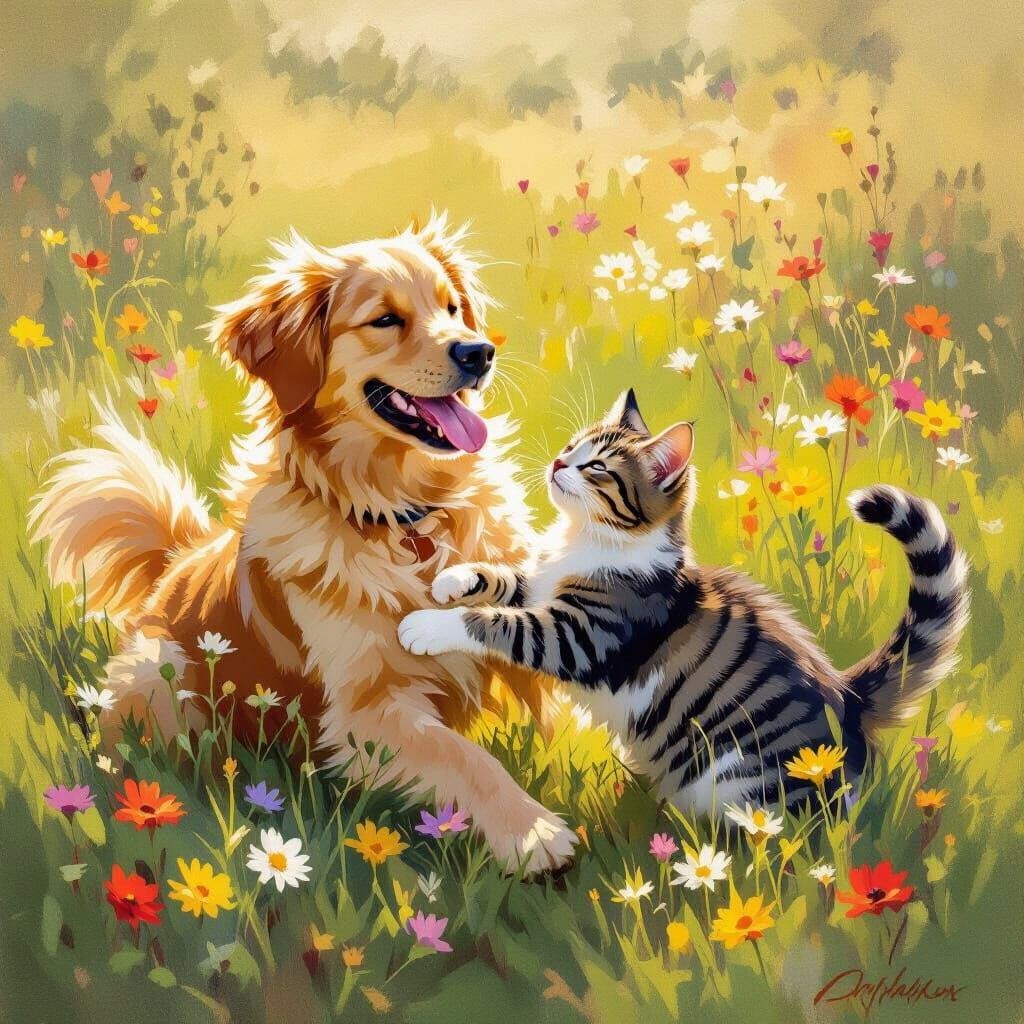 Golden Retriever and Tabby Cat Play in Sunlit Meadow