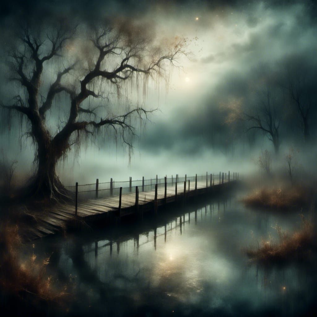 Ethereal Landscape Painting of Spirit on Misty Pier