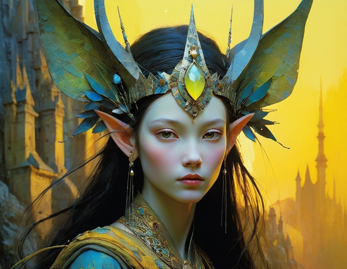 Ethereal Elven Princess in Vibrant Neon Sunset