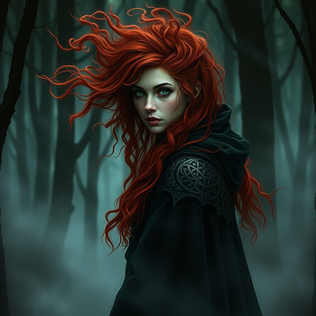 Celtic Witch in Eerie Forest, Dark Fantasy Art