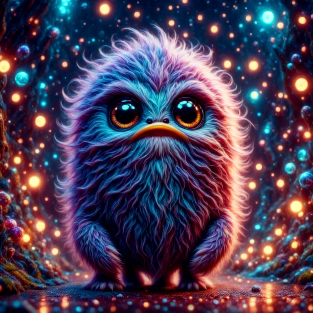 Sparkling Furry Monster with Big Eyes and Fangs