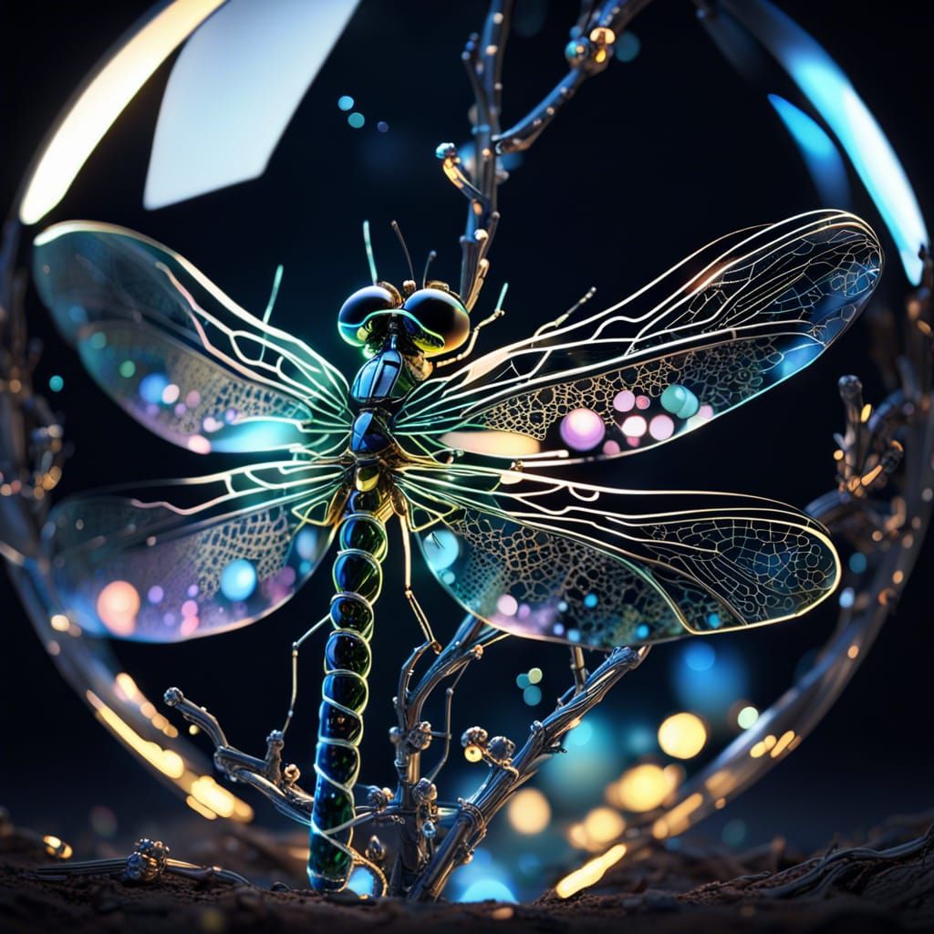 Glowing Glass Dragonfly in Hyperrealistic Style