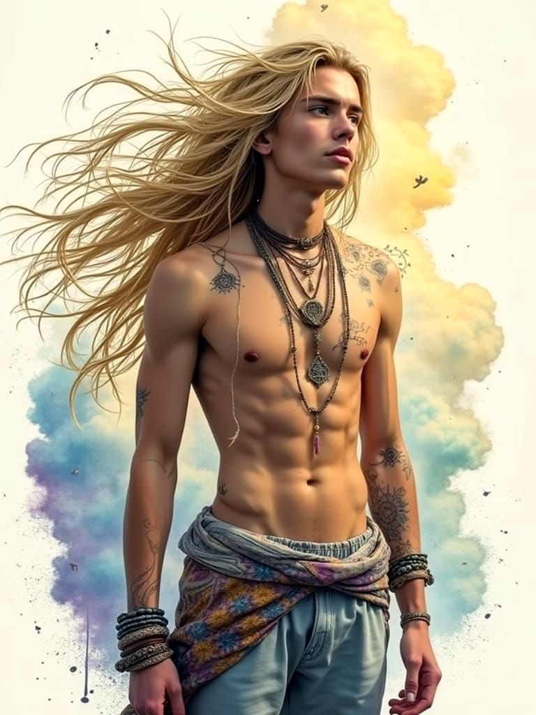 Hippie Youth in Vibrant Cloudscape