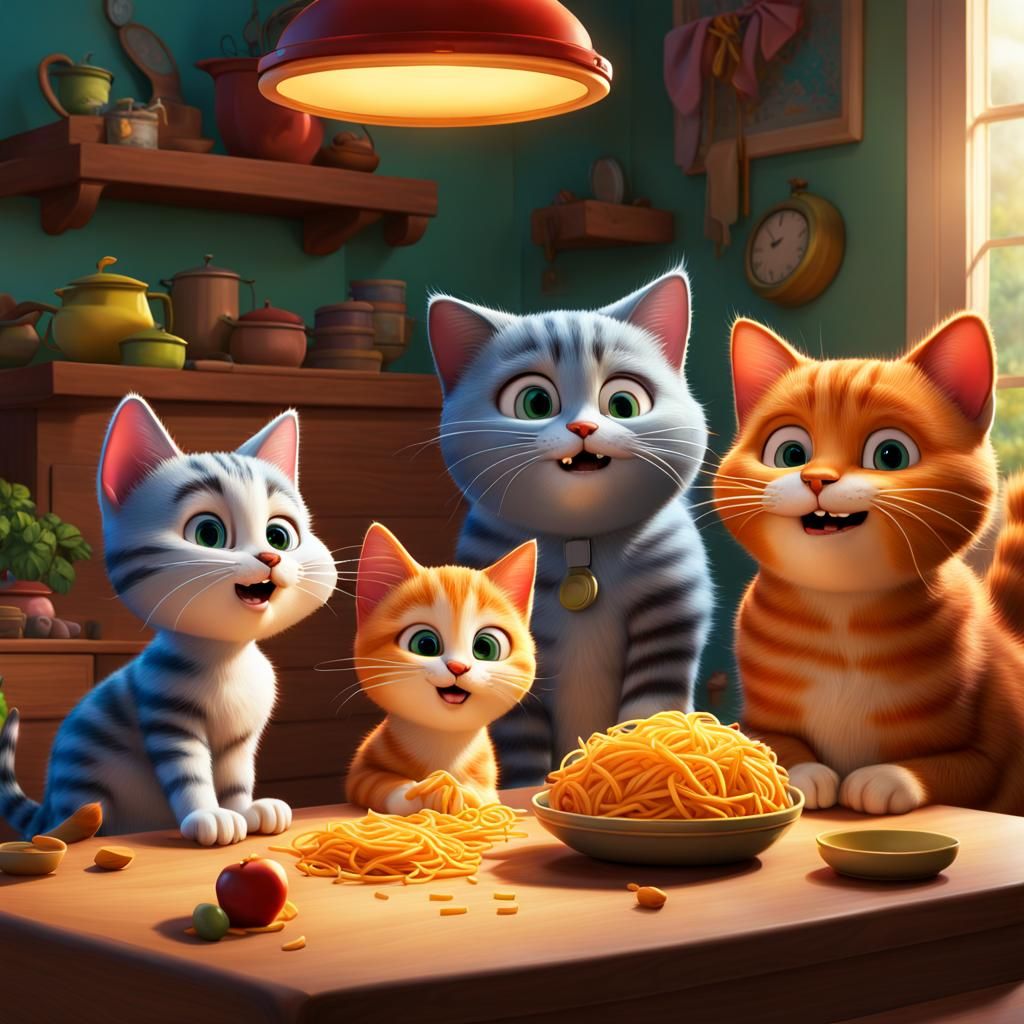Cat Family Noodle Dinner: 3D Digital Art Illustration