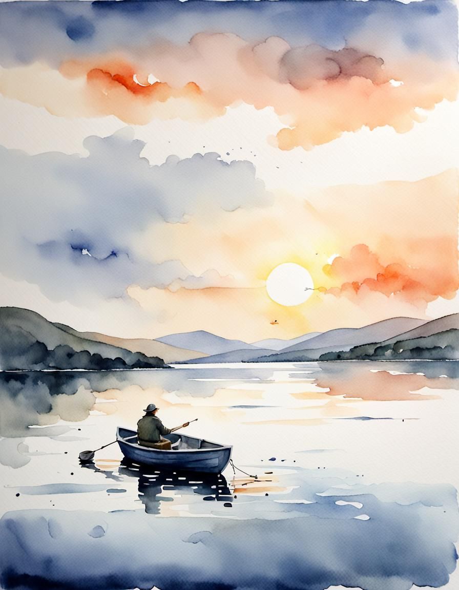 Fisherman at Sunset on Coniston Water