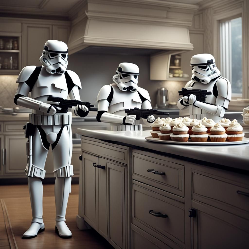 Stormtroopers Baking Cakes in Kitchen: Hyperrealistic Star W...