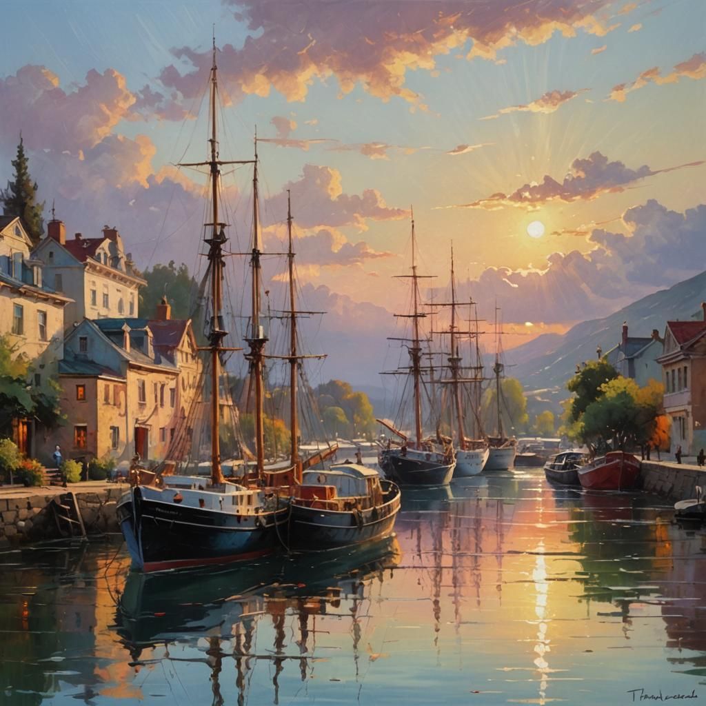 Ships in Morning Sun: Pastel Romantic Seascape