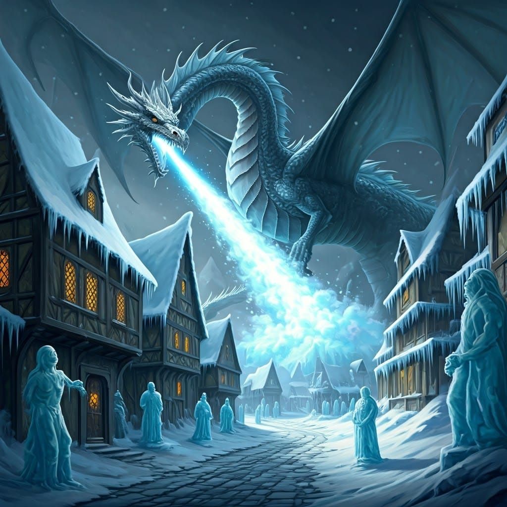 Medieval Village Under Siege by a Fearsome White Dragon