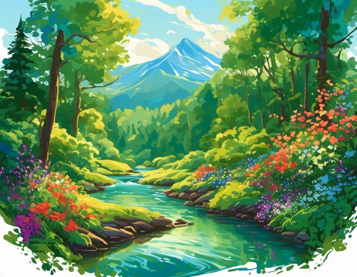 Lush Forest Scene with River: A Digital Illustration