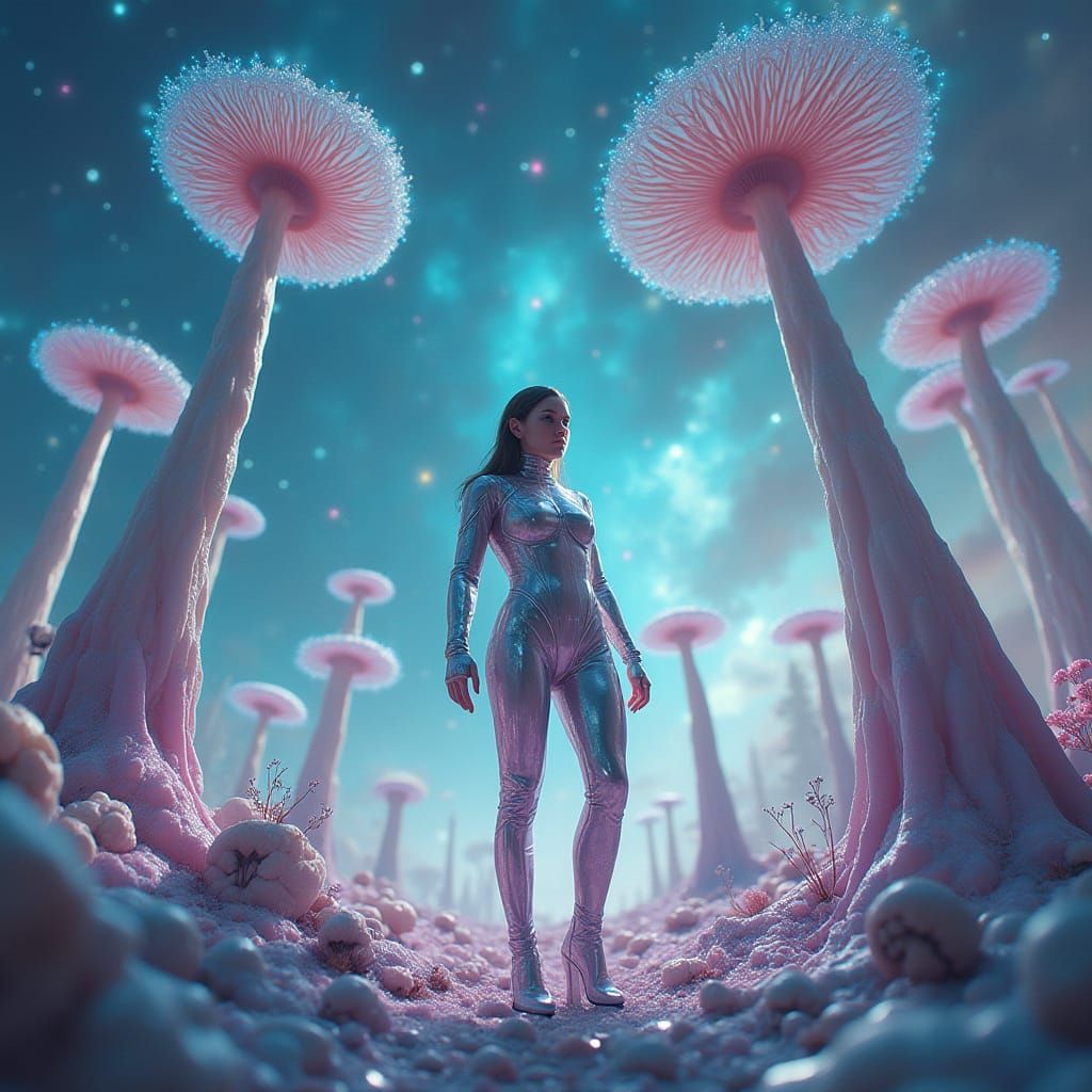 Ethereal Space Heroine Amidst Bioluminescent Mushrooms