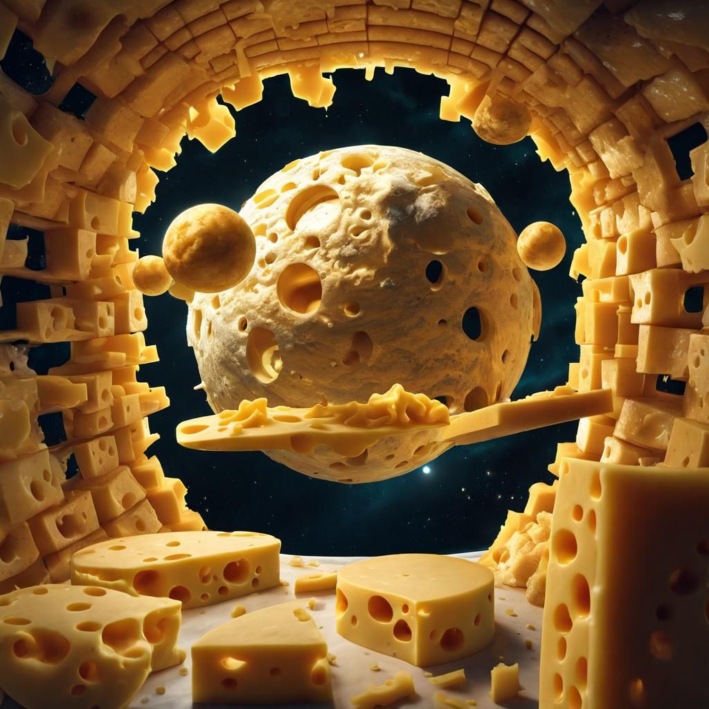 Internal space station made of cheese orbiting moon made of cheese