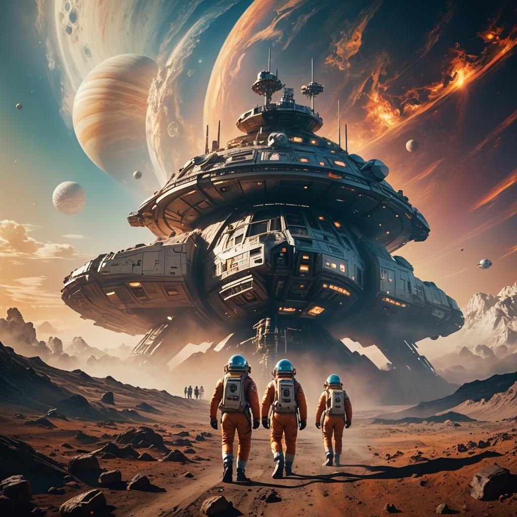 Astronauts on Jupiter in Vibrant Oil Painting Style