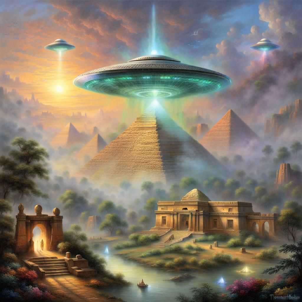 Ethereal UFO Invasion of Pyramids, Fantasy Art