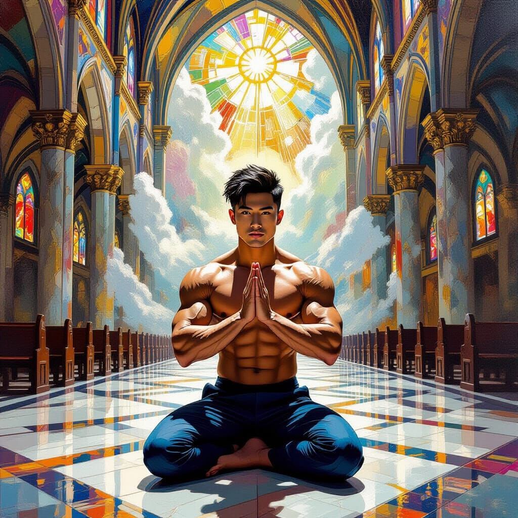 Muscular Man Kneeling in Celestial Cathedral