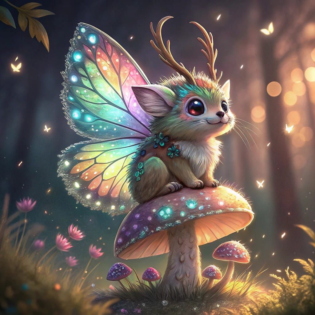 Whimsical Fantasy Creature Sits on Glowing Mushroom in Vibra...