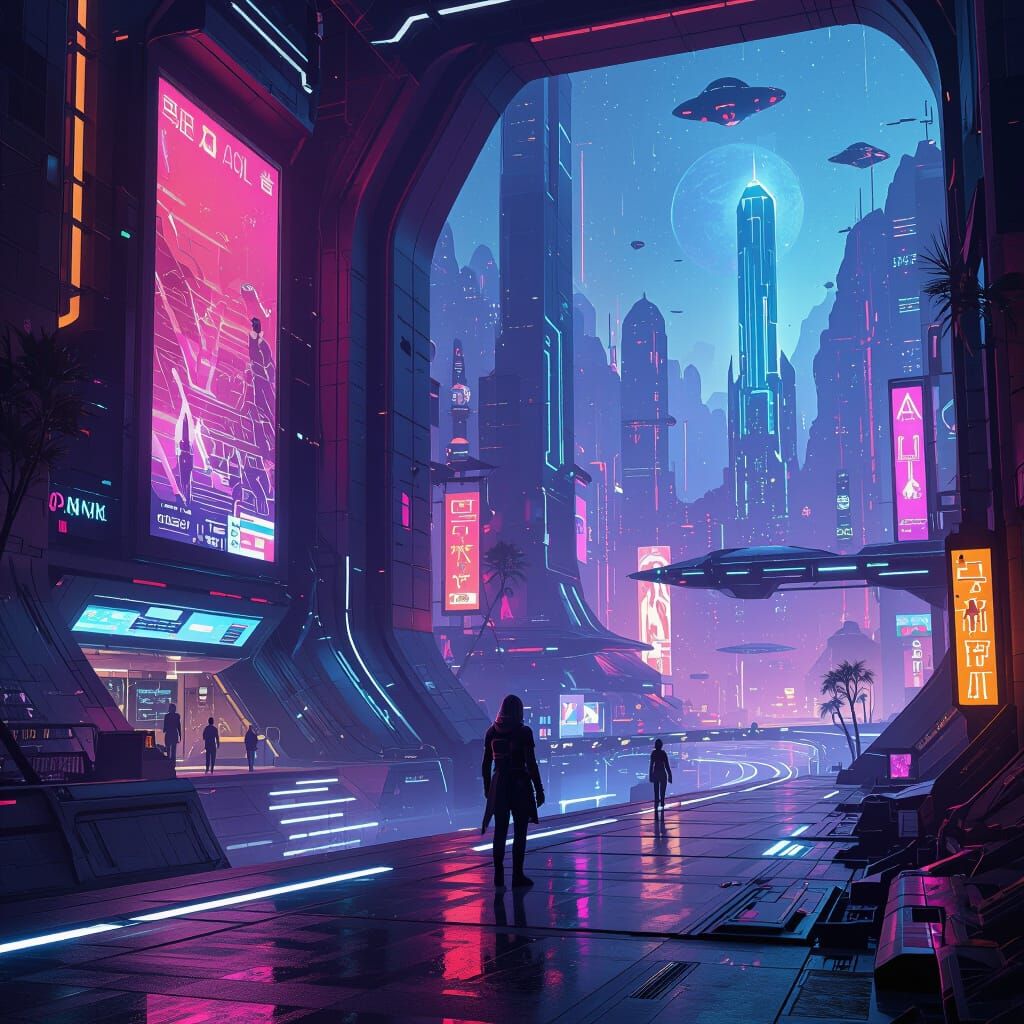 Dreamlike Fantasy Video Game Scene with Neon Accents