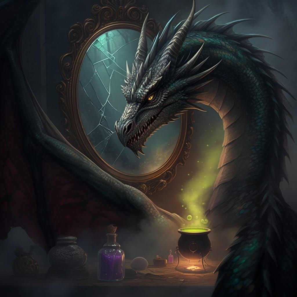 Dragon Peering into Mirror in Fantasy Style