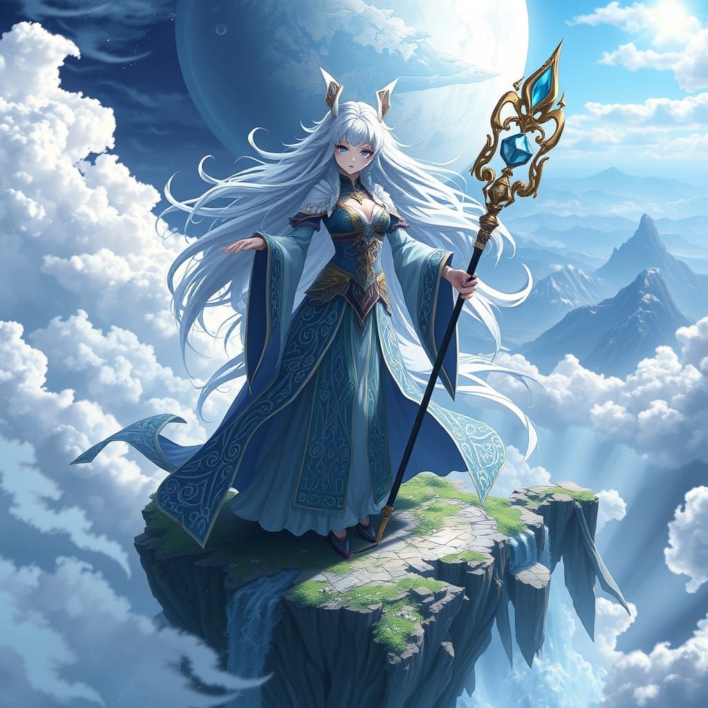 Anime Sorceress on Floating Island: Hyper-Detailed Art