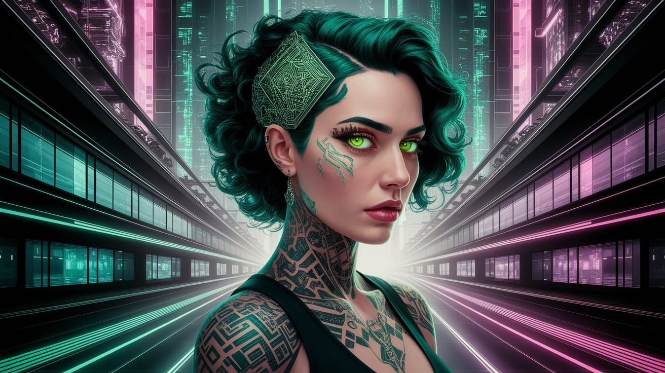 Cyberpunk Portrait: Woman with Green Hair in Futuristic City