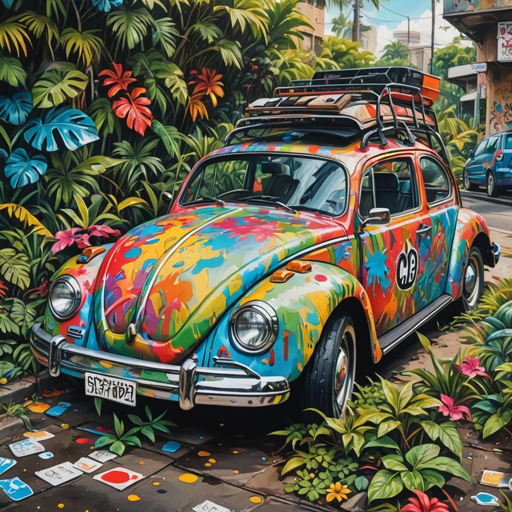 Enchanted Beetle with M16 in Surreal Graffiti Art