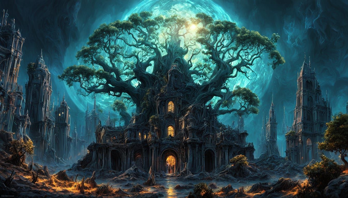 Bioluminescent Tree Roots in Forgotten City Ruins