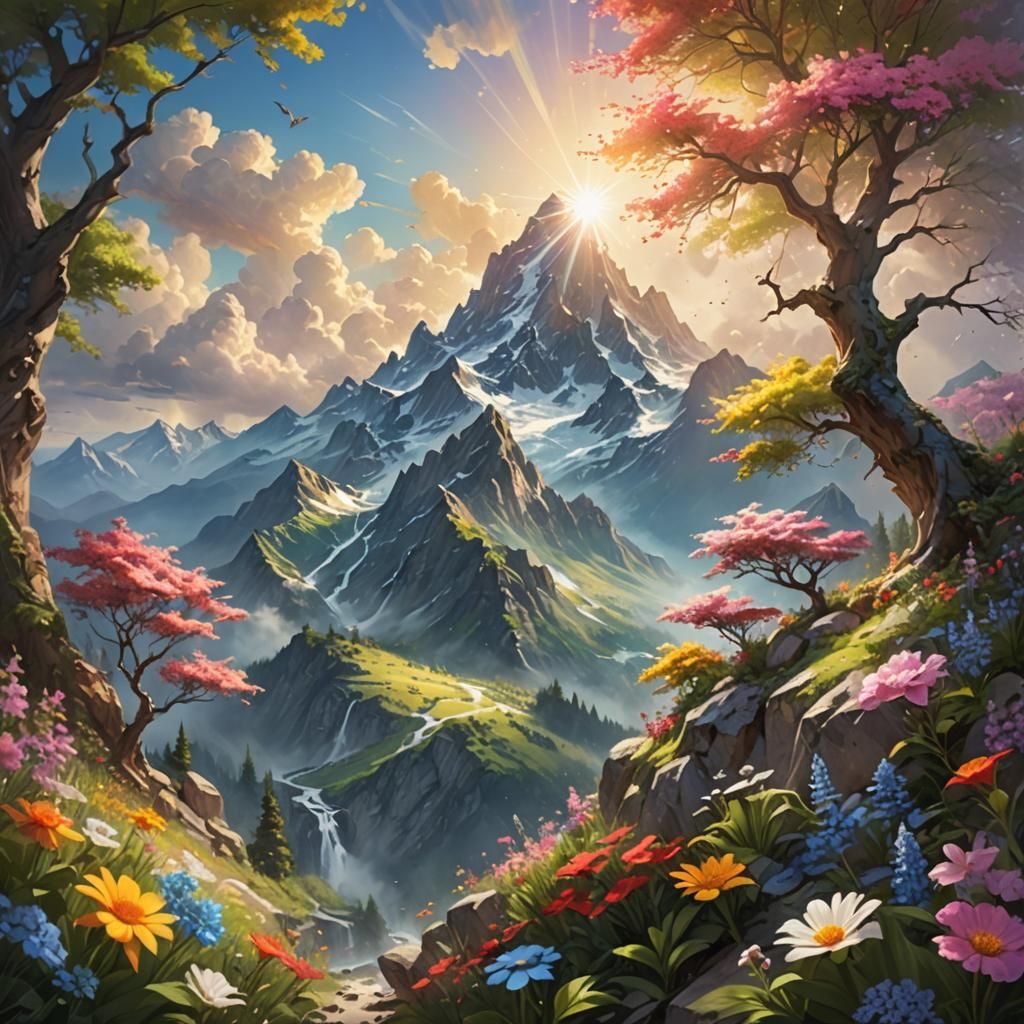 Magical Mountain Landscape with Hyperrealistic Detail