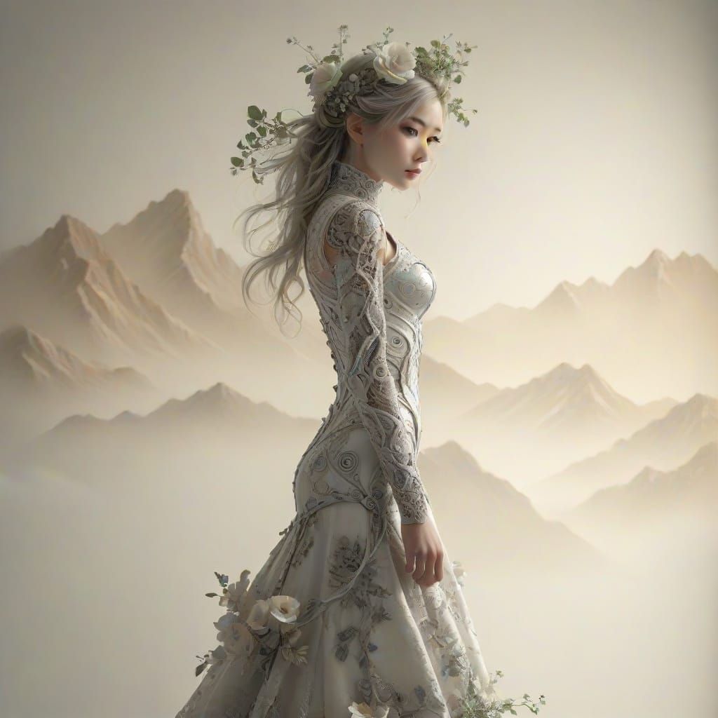 Elegant Cyborg with Floral Metal Body in Anime Style