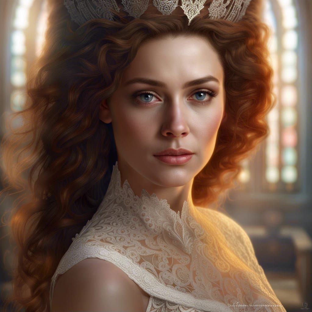 Fantasy Queen Portrait with Lace Gown in Hyperrealism