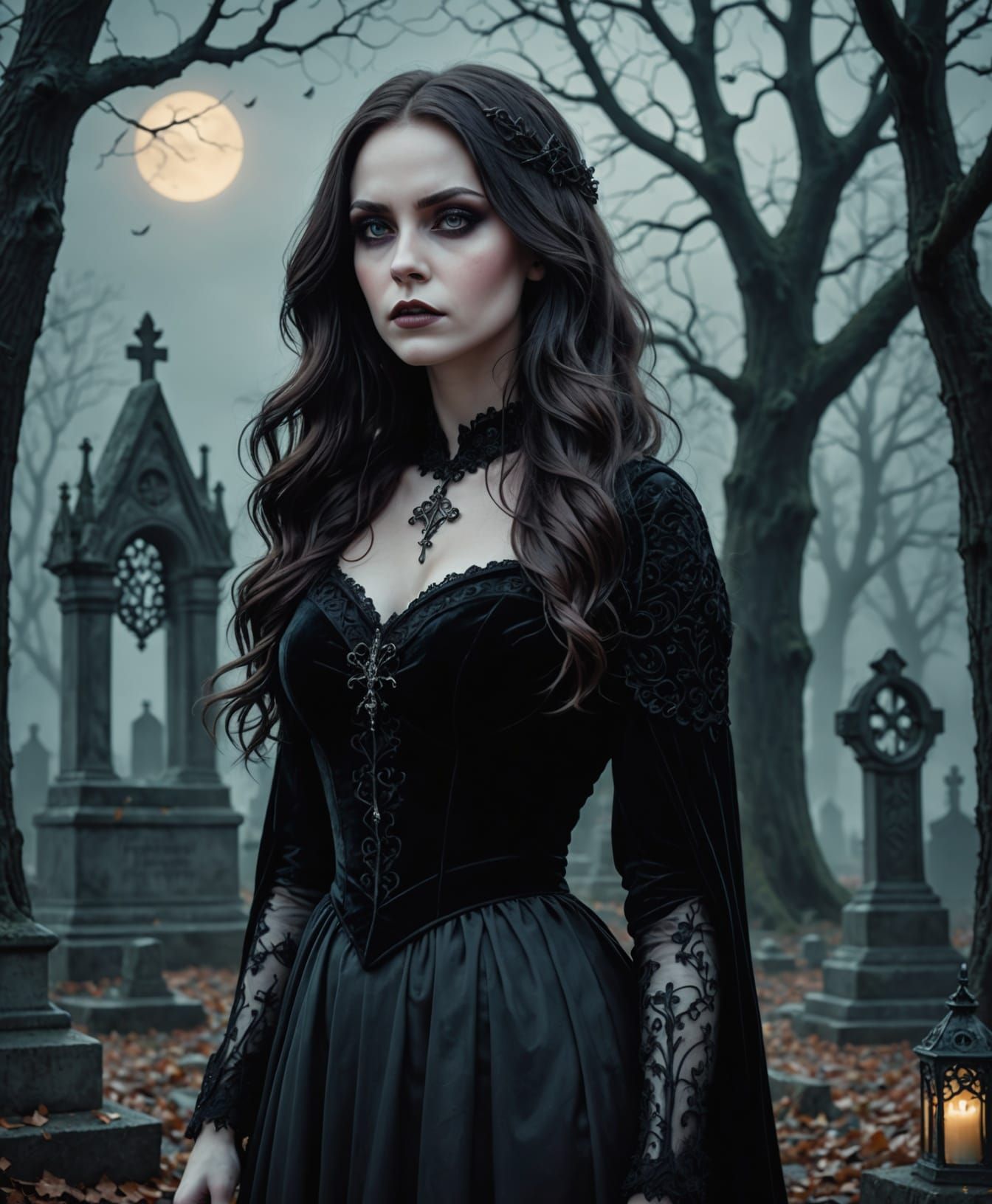 Ethereal Gothic Woman in Misty Graveyard Portrait