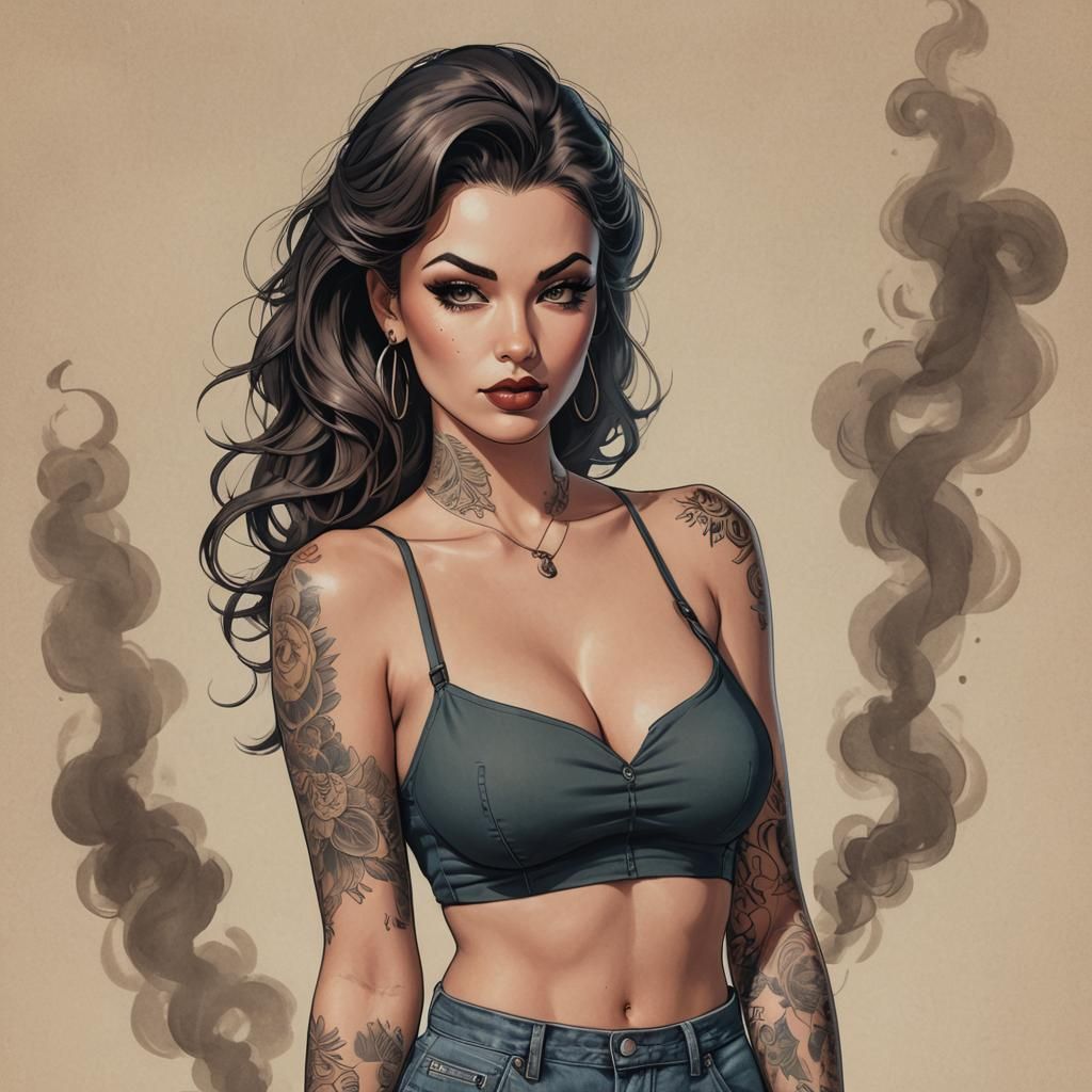 Glamorous Graphic Novel Portrait of Woman with Tattoos