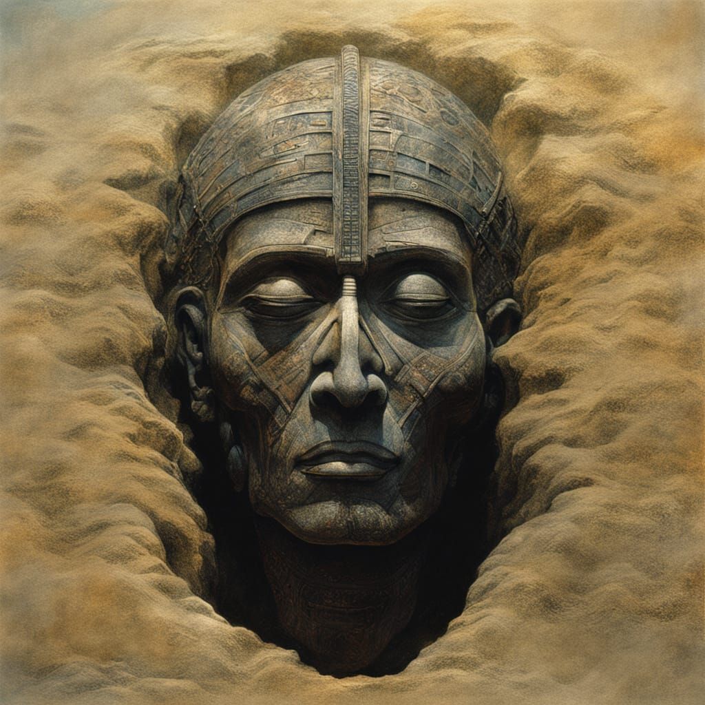 Ancient Anunnaki Mummy Face in Sand by Boulet & Giger Style