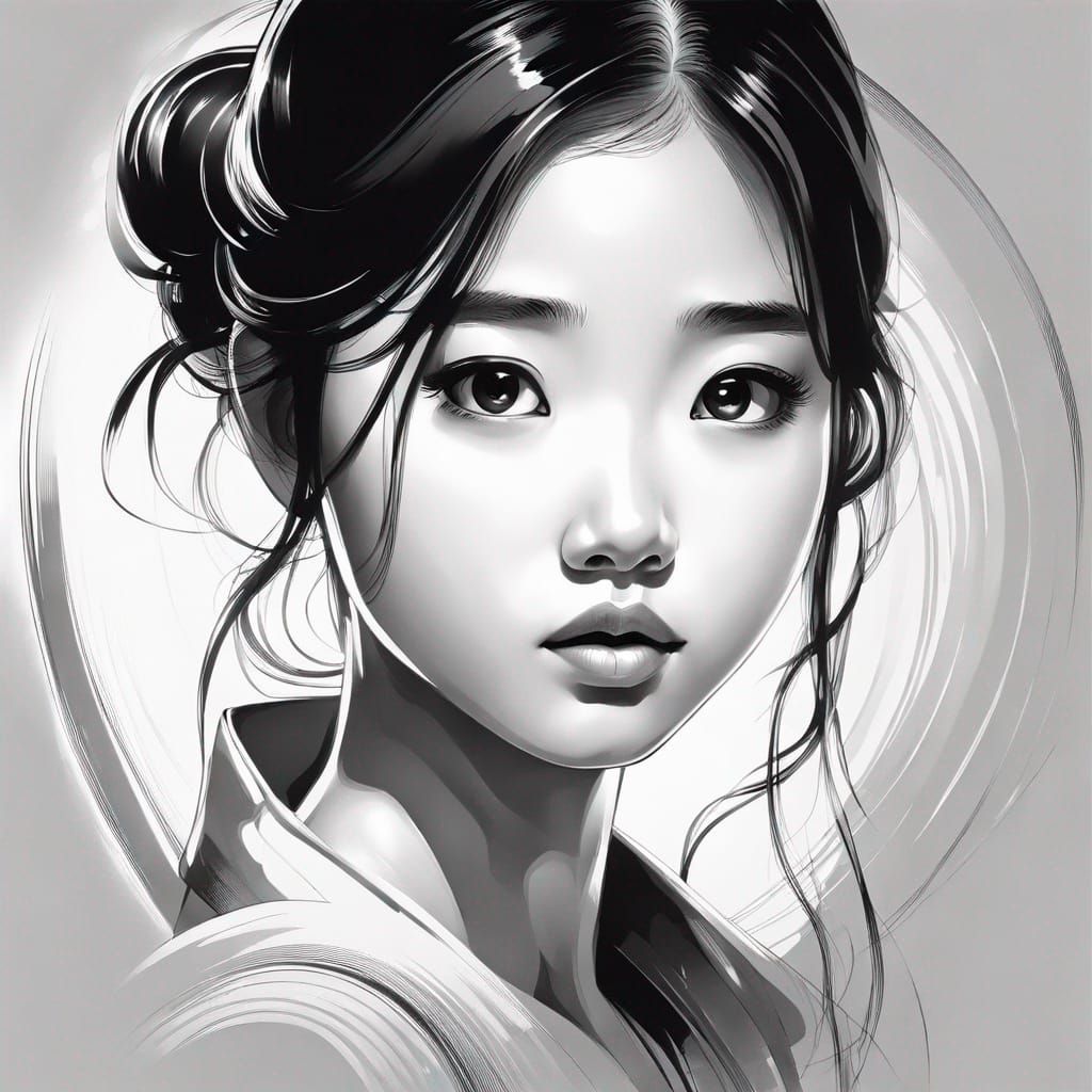 looks sci fi to me?  black and white ink drawing, wash, symmetrical face radiant beautiful very cute young sad innocent ...