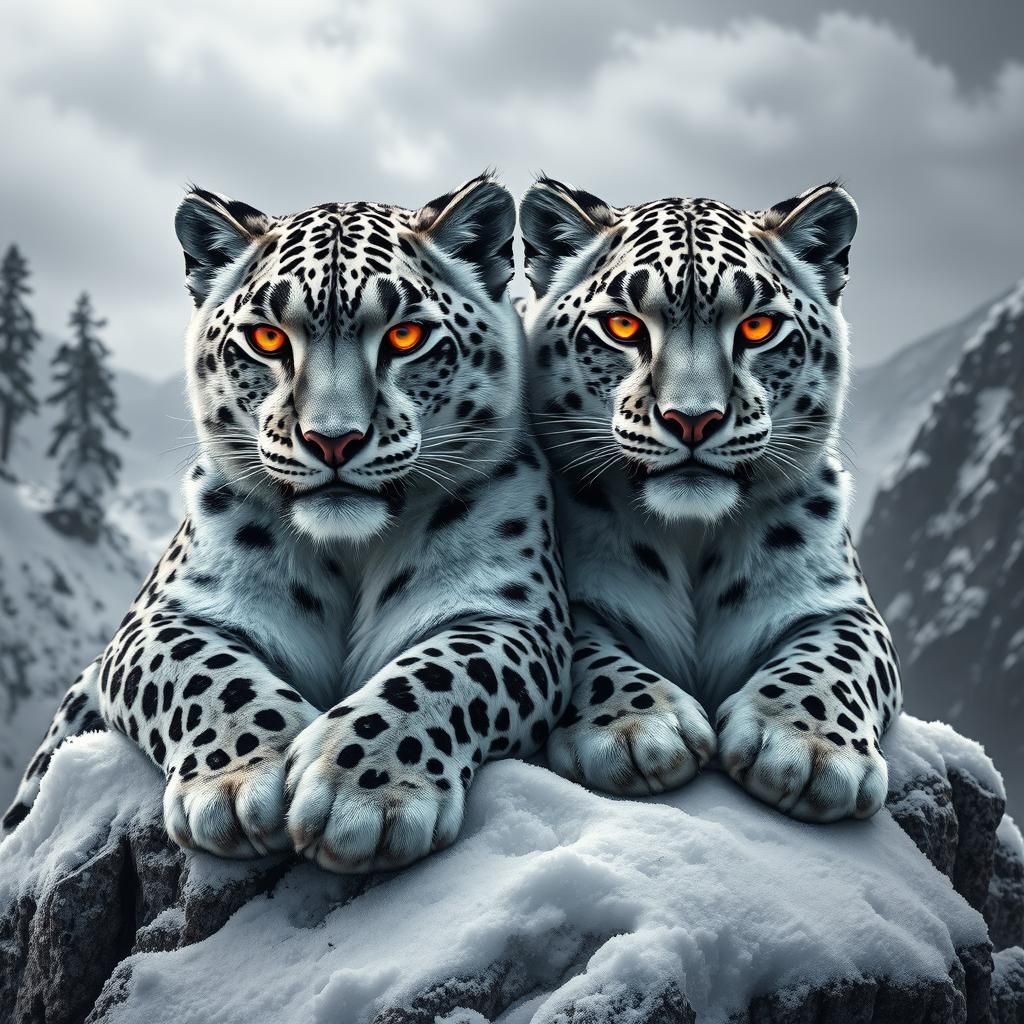 Snow Leopards on Snowy Peak in Hyperrealistic Detail