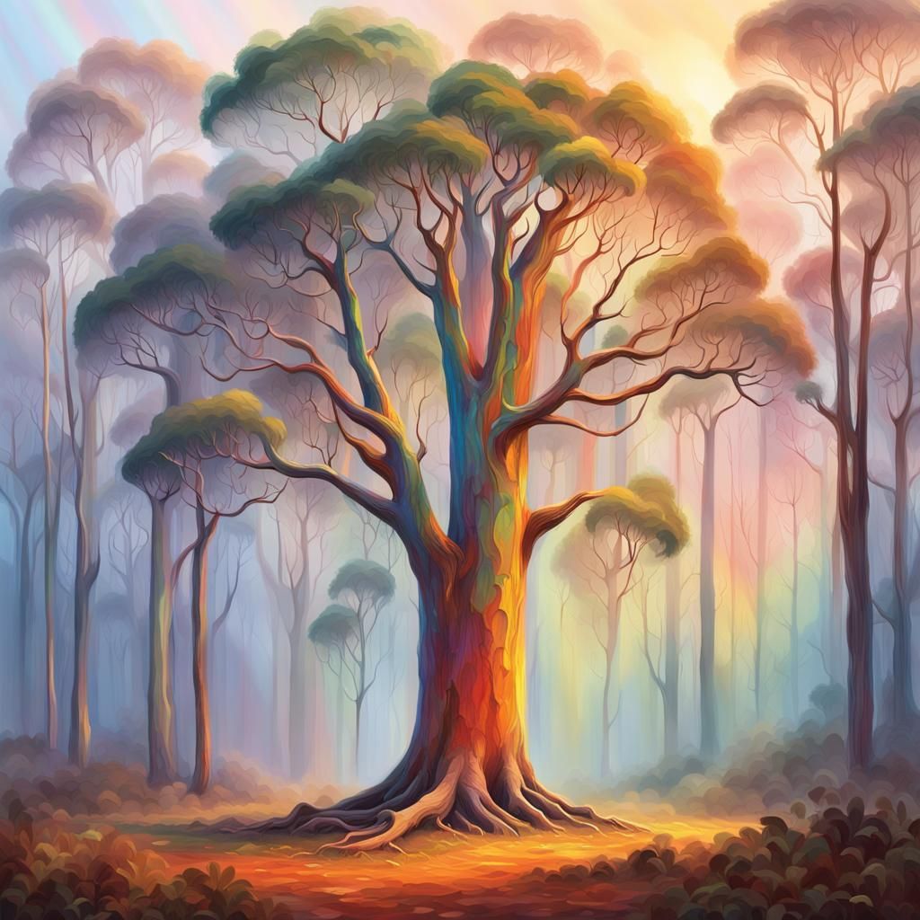 Rainbow Eucalyptus Tree in Misty Forest Painting