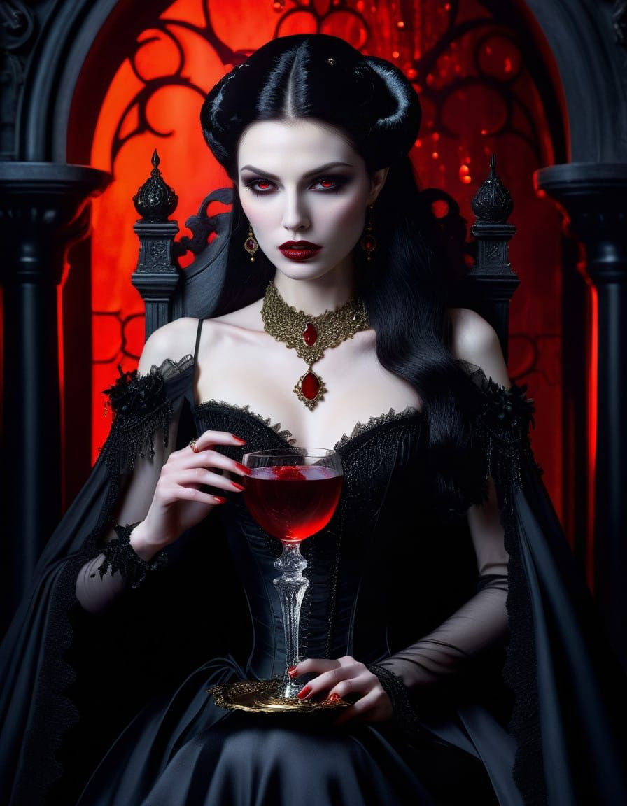 Midnight Vampire Goddess Savoring Wine