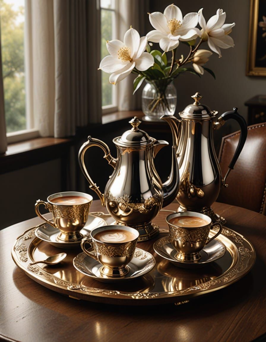 Luxurious Coffee Set on Gold Tray: Hyperrealistic Art