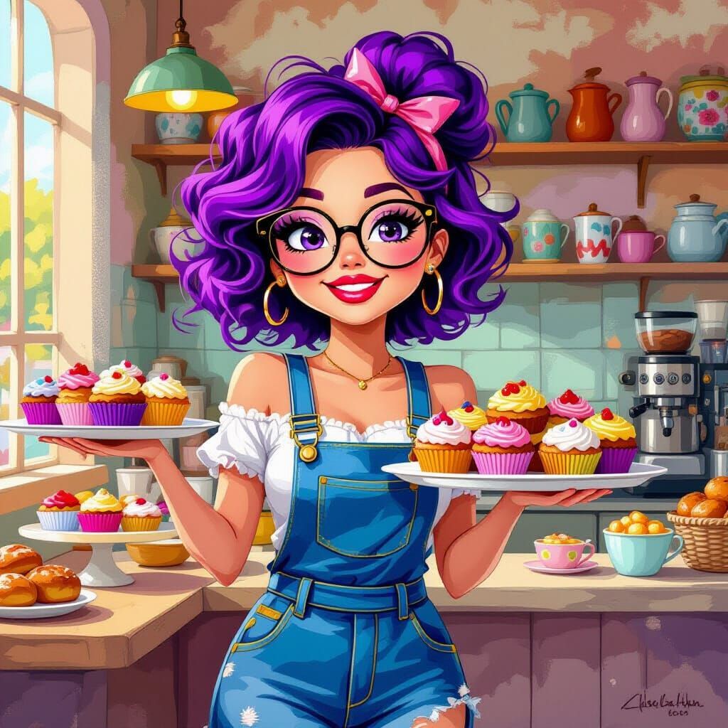Purple-Haired Baker Surrounded by Colorful Cupcakes