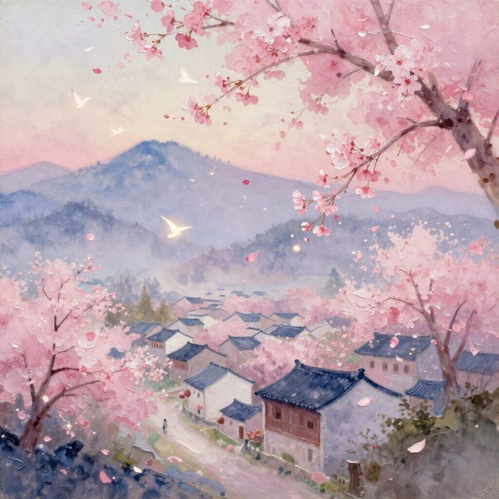 Lyrical Cherry Blossom Village at Dawn with Upward Petals