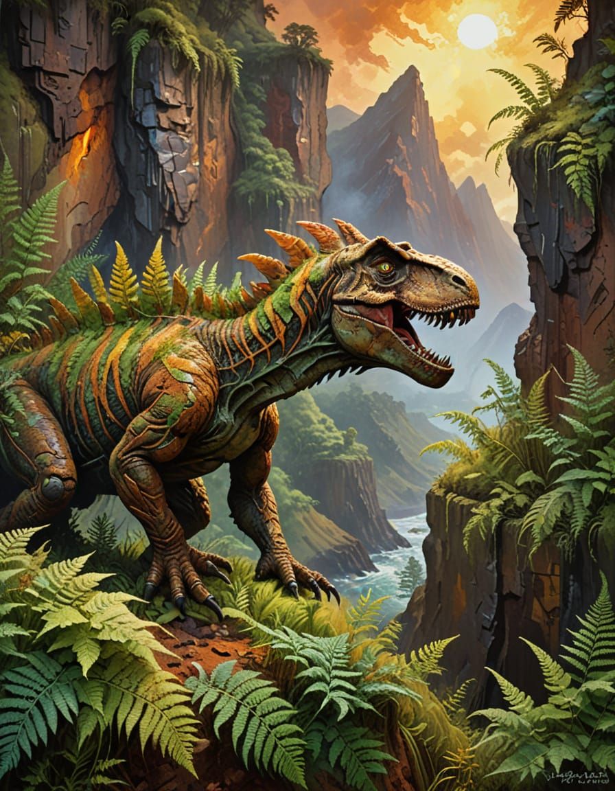 Jurassic Beast Protects Village as Impasto Painting