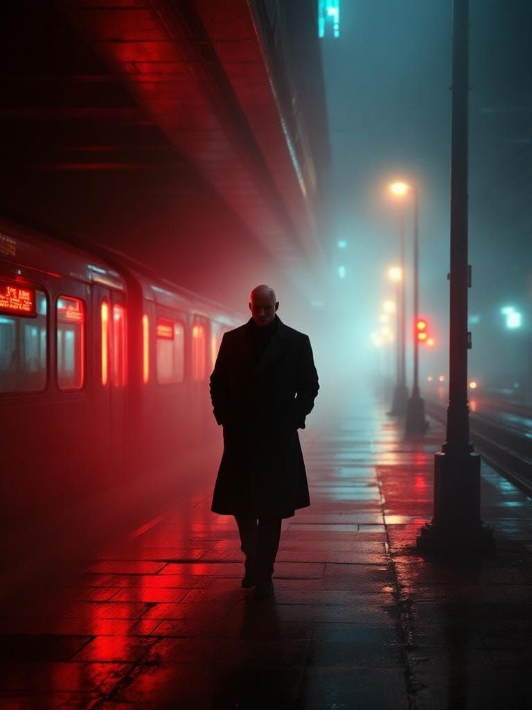 Futuristic Cityscape: Neon Mist and Solitary Figure