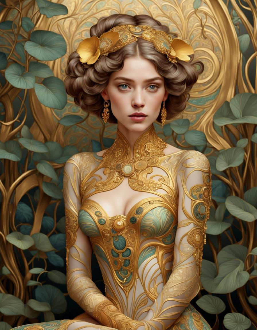 Art Nouveau Woman in Lush Forest with Gold Leaf Accents